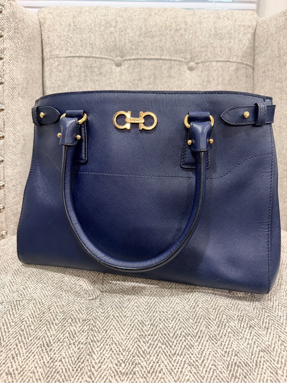 Salvatore Ferragamo Navy Leather Satchel with Gold Hardware